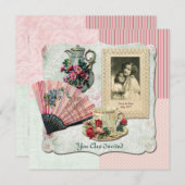 ヴィンテージフランスのフローラティーカップピンクファンレースフレーム 招待状 (正面/裏面)
