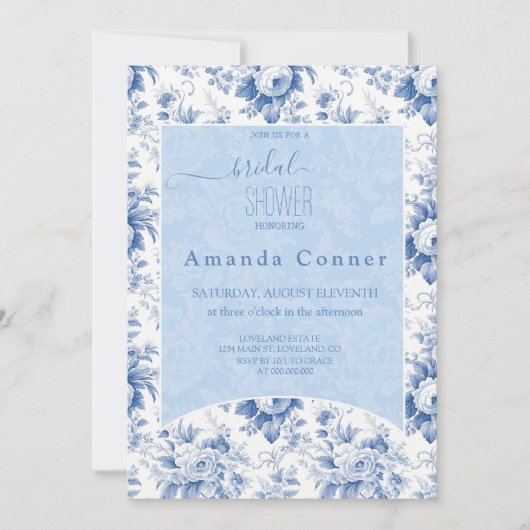 ヴィンテージフランスのフローラトイルブルーブライダルシャワー 招待状 (正面)