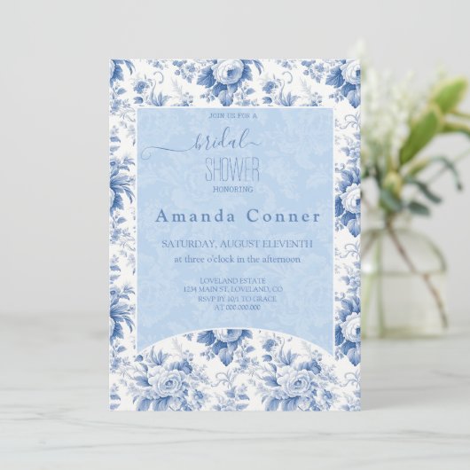 ヴィンテージフランスのフローラトイルブルーブライダルシャワー 招待状 (スタンド正面)