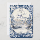 ヴィンテージフランスのフローラトイルブルーブライダルシャワー 招待状 (正面)