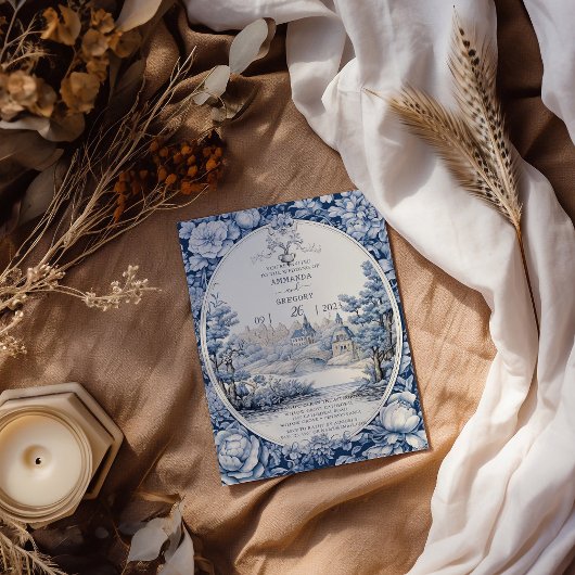 ヴィンテージフランスのフローラトイル結婚ブルーの侵入 招待状