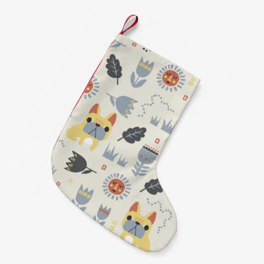 ヴィンテージフランスのブルドッグとスカンジナビアのフラワーイル スモールクリスマスストッキング (正面 (吊り時))