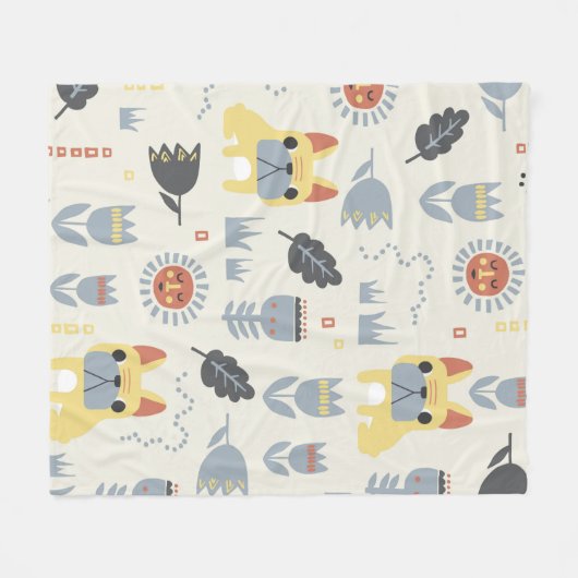 ヴィンテージフランスのブルドッグとスカンジナビアのフラワーイル フリースブランケット (正面(横))