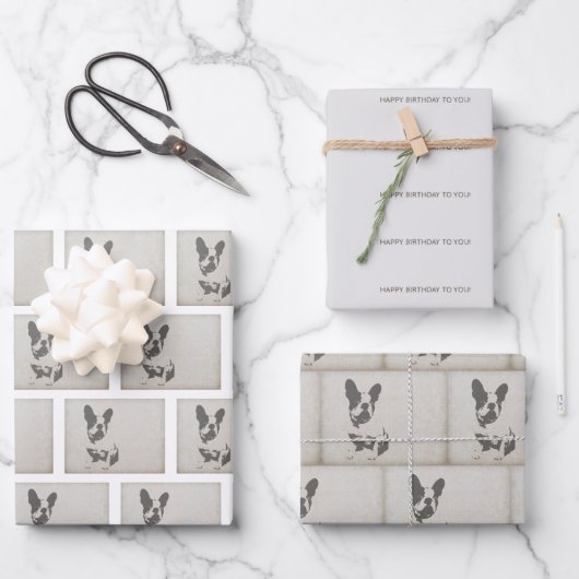 ヴィンテージフランスのブルドッグ誕生日包装紙 ラッピングペーパーシート (正面)