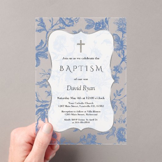 ヴィンテージフランスのブルートイルフラワーガールバプテスマ アクリル招待状 (インサイチュ (ポータブル))