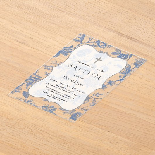 ヴィンテージフランスのブルートイルフラワーガールバプテスマ アクリル招待状 (レイダウン)