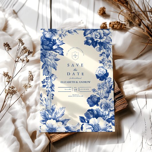 ヴィンテージフランスのブルートイルフローラ結婚ズ セーブザデート