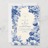 ヴィンテージフランスのブルートイルフローラ結婚ズ セーブザデート (正面)