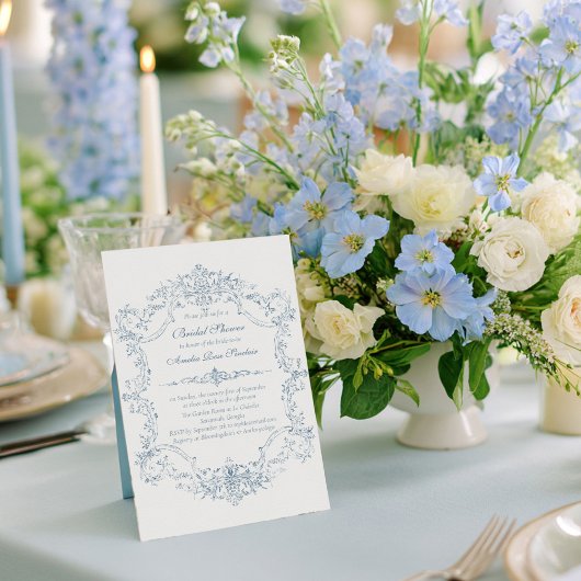 ヴィンテージフランスのブルーフレームブライダルシャワー 招待状