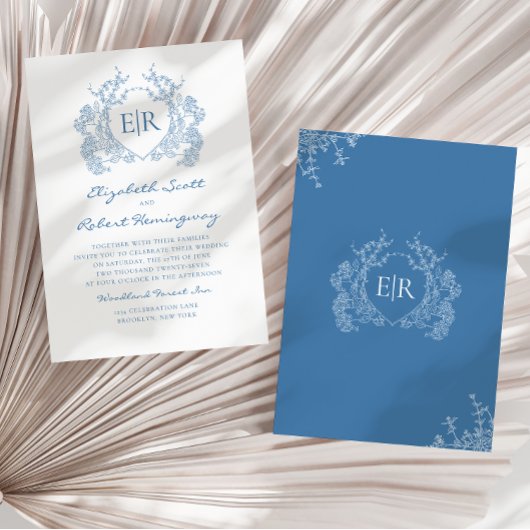 ヴィンテージフランスのブルーフローラクレストモノグラム結婚ズ 招待状