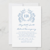 ヴィンテージフランスのブルーフローラクレストモノグラム結婚ズ 招待状 (正面)