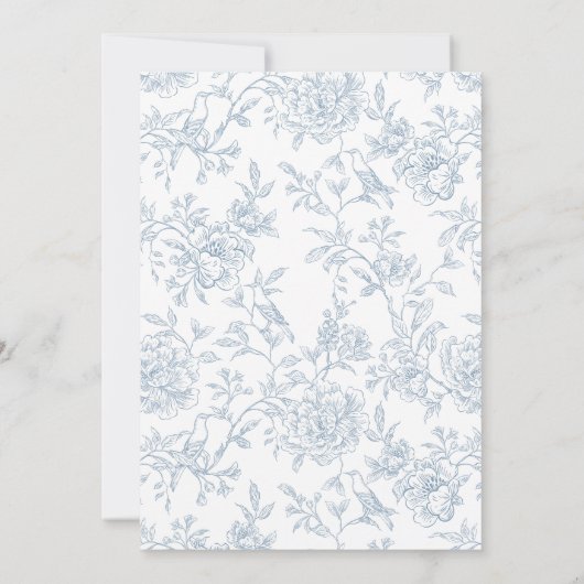 ヴィンテージフランスのブルーフローラトワールブライダルシャワー 招待状 (裏面)