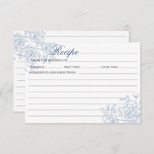 ヴィンテージフランスのブルーフローラトワールレシピカード 招待状 (正面/裏面)