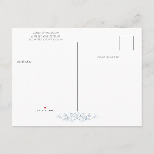 ヴィンテージフランスのブルー結婚のフレーム日付の保存 案内ポストカード (裏面)