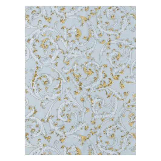 ヴィンテージフランスのブルー金ゴールドスクロエレガントールシック テーブルクロス (正面)