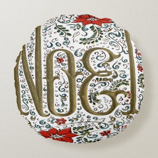 ヴィンテージフランスのポインセチアjoyeux noel ラウンドクッション (正面)
