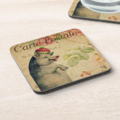 ヴィンテージフランスのポストカードピグ付きクラウンフローラ コースター (左側)