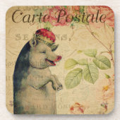 ヴィンテージフランスのポストカードピグ付きクラウンフローラ コースター (正面)