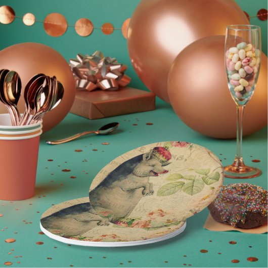 ヴィンテージフランスのポストカードピグ付きクラウンフローラ ペーパープレート (複数)