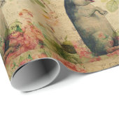 ヴィンテージフランスのポストカードピグ付きクラウンフローラ ラッピングペーパー (ロールコーナー)