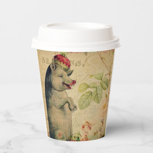 ヴィンテージフランスのポストカードピグ付きクラウンフローラ 紙コップ (正面)