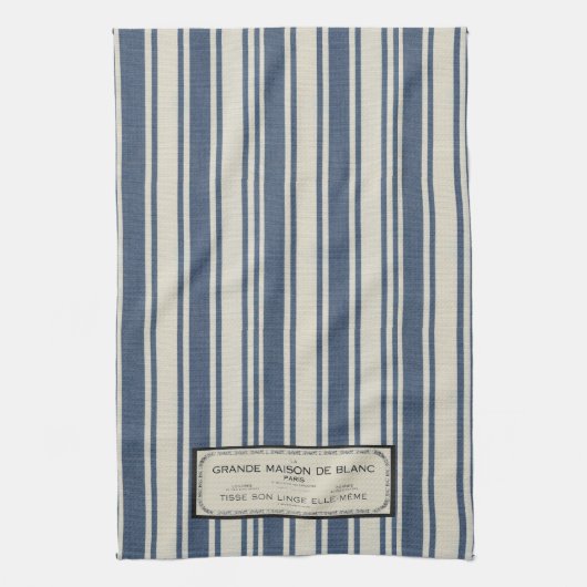 ヴィンテージフランスのラベル(青とクリームのストライプ) キッチンタオル (縦)
