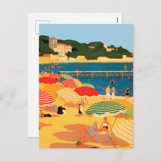 ヴィンテージフランスのリビエラビーチイラストレーション シーズンポストカード (正面/裏面)