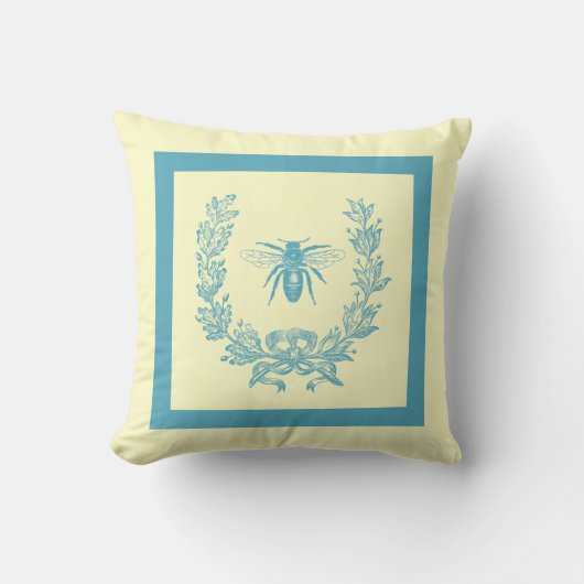 ヴィンテージフランスのリースとBee Pillow 20 x 20ティール（緑がかった色） クッション (正面)
