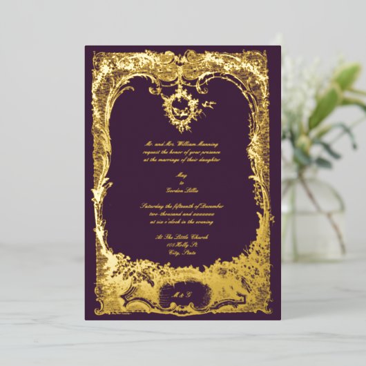 ヴィンテージフランスのルイスXVロココ結婚ズ 箔招待状 (立ち正面)