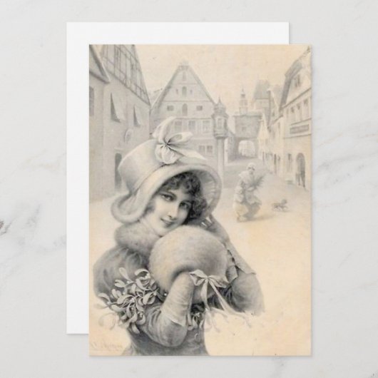 ヴィンテージフランスのレディークリスマスハットマフミスタントー シーズンカード (正面/裏面)