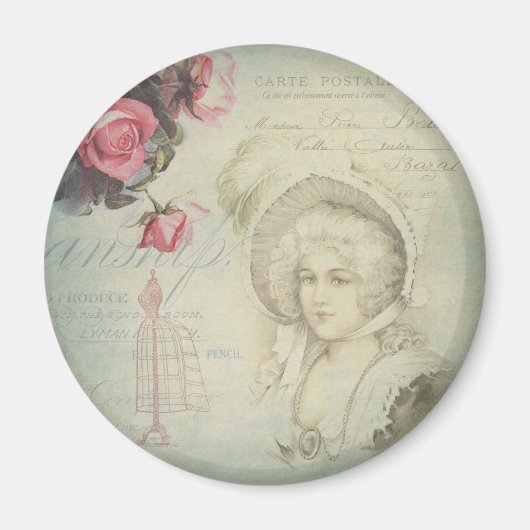 ヴィンテージフランスのレディーピンクローゼドレス型枠コラージュ マグネット (正面)