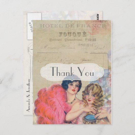 ヴィンテージフランスのレトロパリをテーマにした有難う ポストカード (正面/裏面)