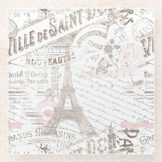 ヴィンテージフランスのロマンスコラージピンクID226 ガラスコースター (正面)