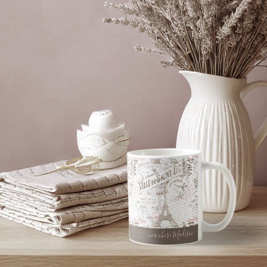 ヴィンテージフランスのロマンスコラージピンクID226 コーヒーマグカップ