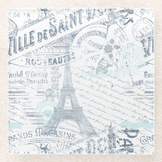 ヴィンテージフランスのロマンスコラージブルーID226 ガラスコースター (正面)