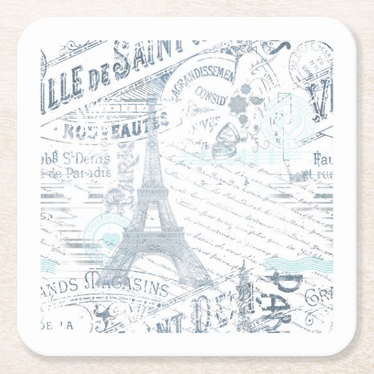 ヴィンテージフランスのロマンスコラージブルーID226 スクエアペーパーコースター (正面)