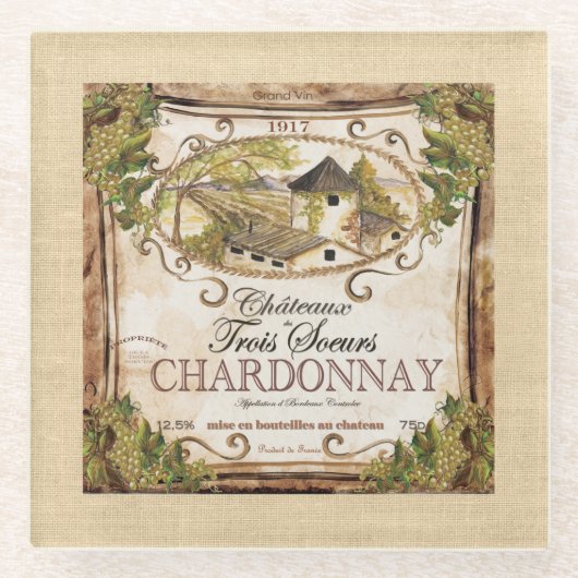 ヴィンテージフランスのワインラベルラップ ガラスコースター (正面)
