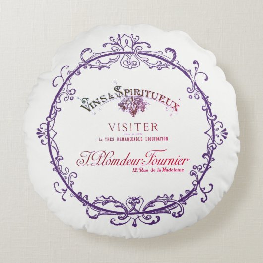 ヴィンテージフランスのワインラベル円枕 ラウンドクッション (正面)