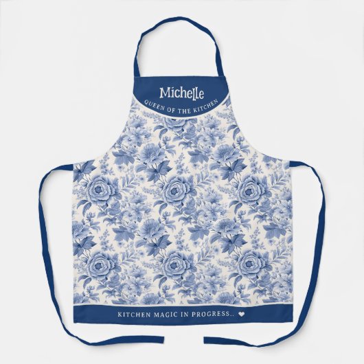 ヴィンテージフランスの刻印フローラトイルブルーホワイト エプロン (正面)