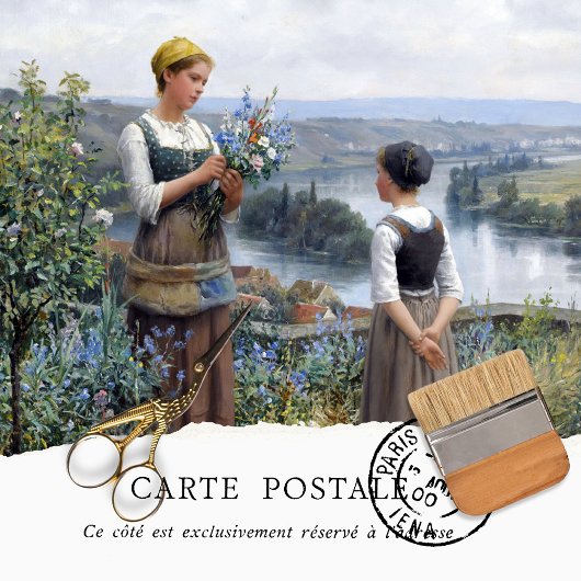 ヴィンテージフランスの女性が花を摘むティッシュペーパー 薄葉紙