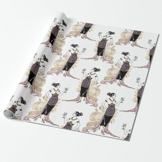 ヴィンテージフランスの女性、ワインを赤面ピンク ラッピングペーパー (アンロールド)