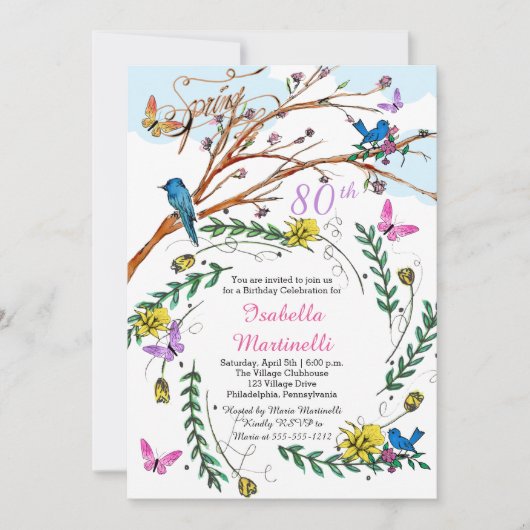 ヴィンテージフランスの手描き花模様80誕生日 招待状 (正面)