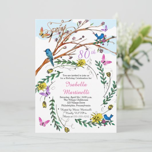 ヴィンテージフランスの手描き花模様80誕生日 招待状 (スタンド正面)