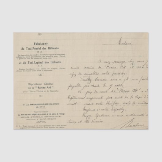 ヴィンテージフランスの手書き 薄葉紙 (正面)