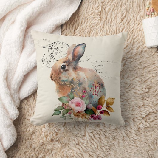 ヴィンテージフランスの水彩ウサギと花 クッション (ブランケット)
