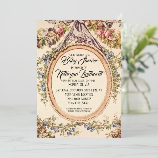 ヴィンテージフランスの水彩バラnフローラつる植物 招待状 (スタンド正面)