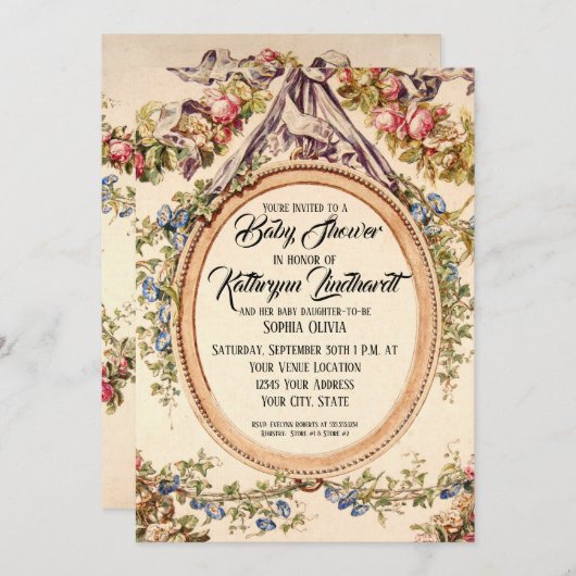 ヴィンテージフランスの水彩バラnフローラつる植物 招待状 (正面/裏面)