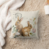 ヴィンテージフランスの水色うさぎとバラ クッション (ブランケット)