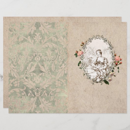 ヴィンテージフランスの百姓少女ピンクローズジャーナルページ (正面/裏面)