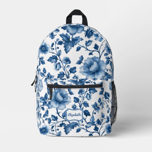 ヴィンテージフランスの花柄の名前 プリントバックパック (正面)